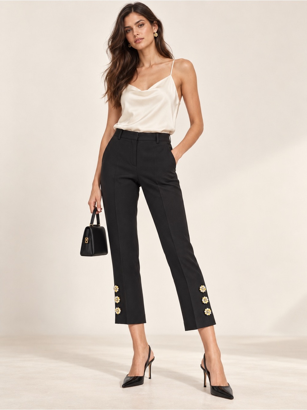 Miu Miu Black Cropped rare Pants Crystal Flower Buttons IT 42 made in Italy